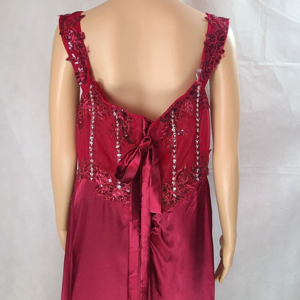 New Prom (18W) Burgundy Lace/Satin Sequin Off Shoulder Rouched High Slit Dress - Picture 8 of 14